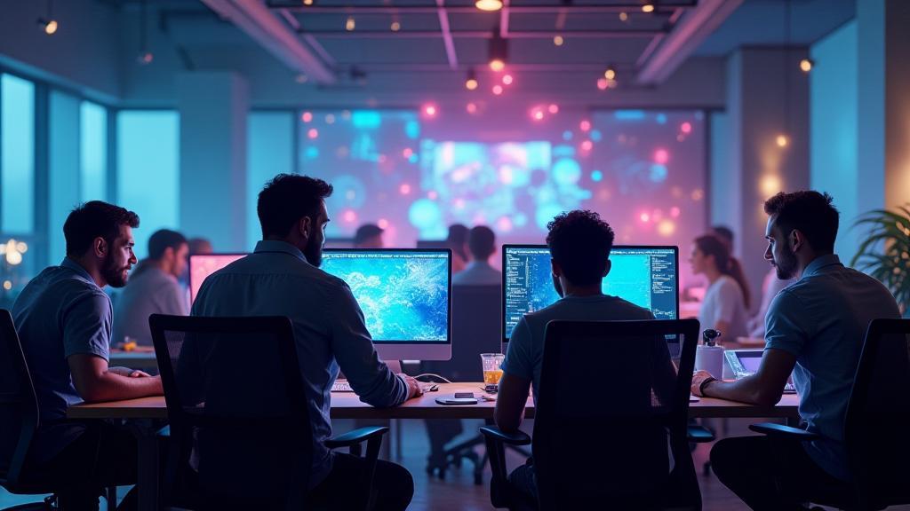 Dynamic image showing a diverse team collaborating on game development with vibrant in-game visuals overlaid.