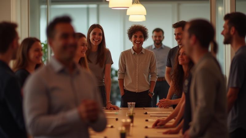 Photo showing Quantum Leap Interactive team members engaged in a fun team-building activity or casual office interaction.